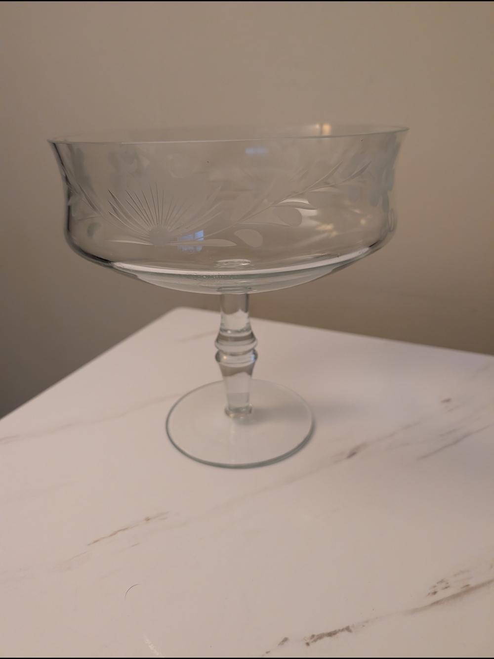 Vintage Wheel Cut Glass Compote Bowl Pedestal Centerpiece Etched Floral